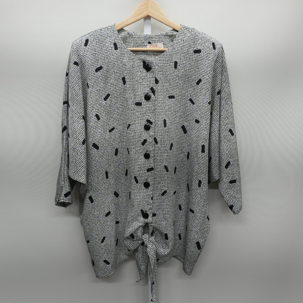Vintage Lady Carol of New York Blouse Black White Abstract Tie Front Top L